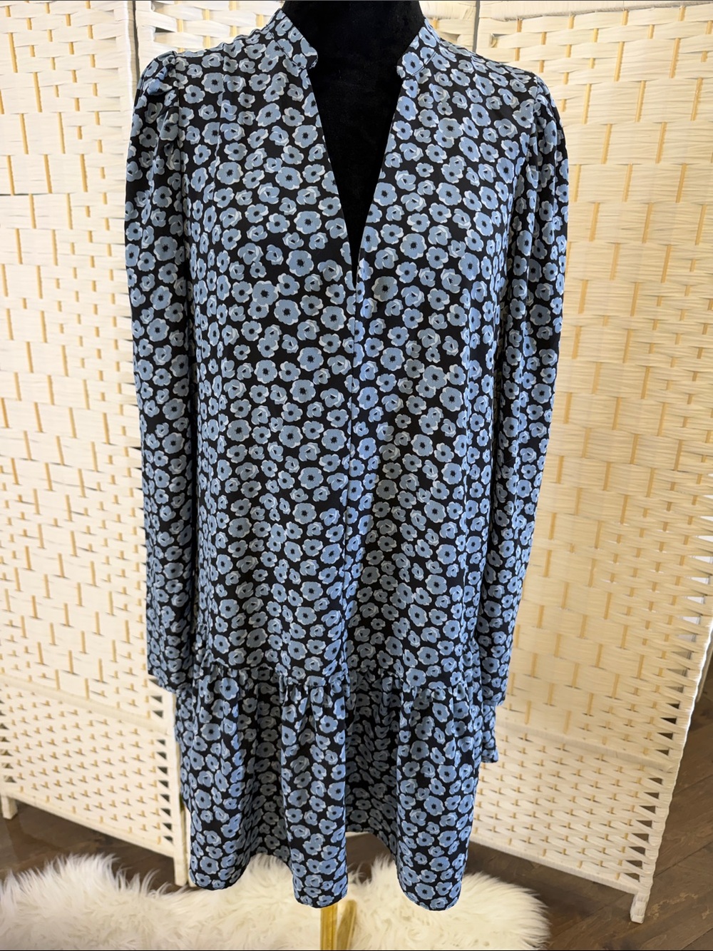 Glamorous Black Dress with Light Blue Floral Print - Long Sleeve